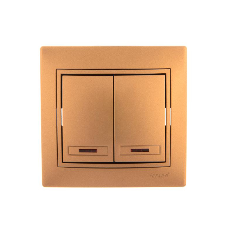 Выключатель 2-кл. СП Мира 10А IP20 с подсветкой со вставкой зол. метал. LEZARD 701-1313-112