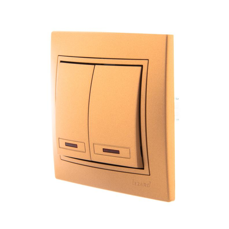 Выключатель 2-кл. СП Мира 10А IP20 с подсветкой со вставкой зол. метал. LEZARD 701-1313-112