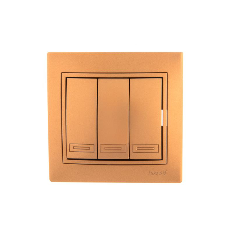 Выключатель 3-кл. СП Мира 10А IP20 со вставкой зол. метал. LEZARD 701-1313-109