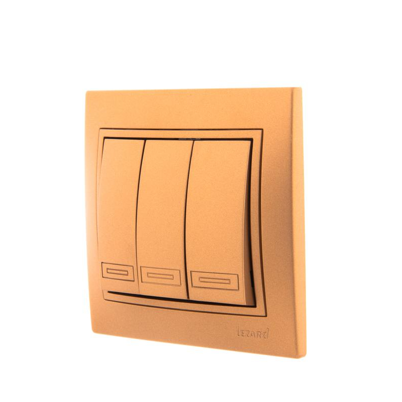 Выключатель 3-кл. СП Мира 10А IP20 со вставкой зол. метал. LEZARD 701-1313-109