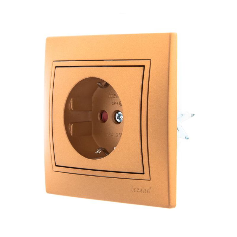 Розетка 1-м СП Мира 16А IP20 с заземл. защ. шторки со вставкой керамика зол. метал. LEZARD 701-1313-124