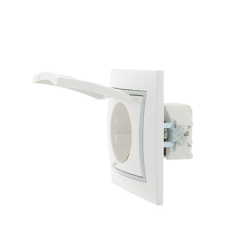 Розетка 1-м СП Мира 16А IP20 с заземл. с крышкой с сер. вставкой керамика бел. LEZARD 701-0215-123