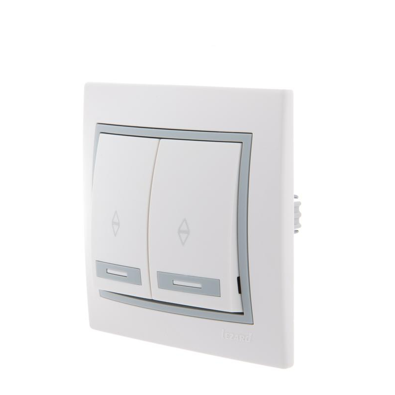 Выключатель проходной 2-кл. СП Мира 10А с сер. вставкой бел. LEZARD 701-0215-106