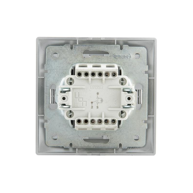 Выключатель проходной 1-кл. СП Мира 10А с подсветкой со вставкой сер. метал. LEZARD 701-1010-114