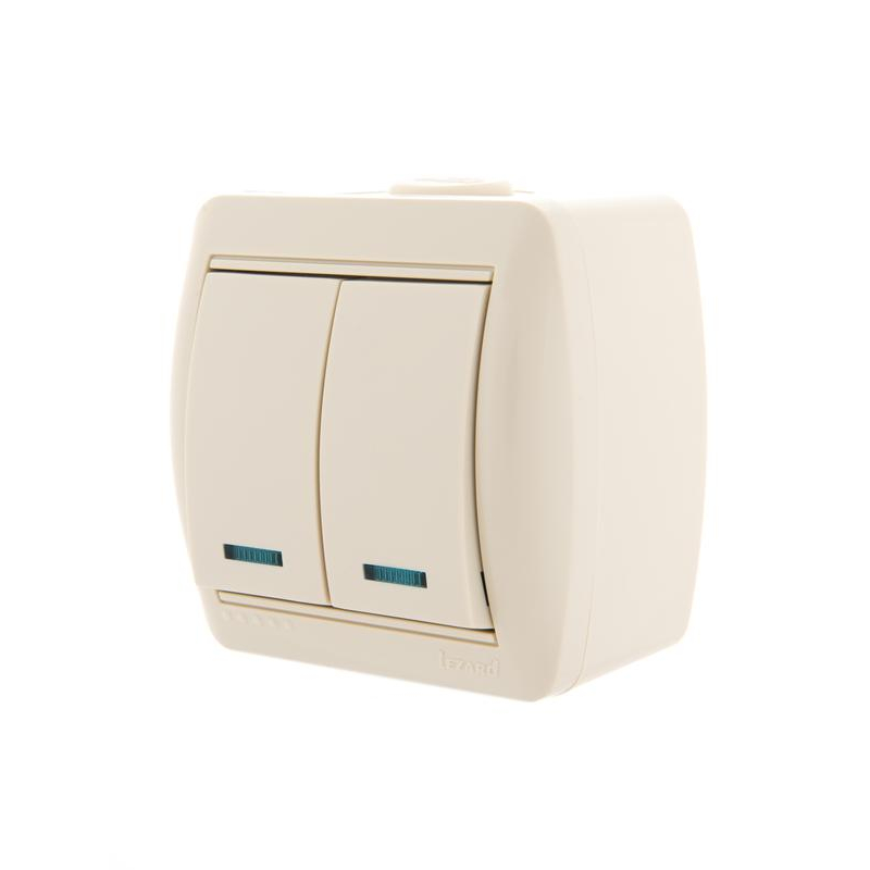 Выключатель 2-кл. ОП Ната 10А IP20 с подсветкой крем. LEZARD 710-0300-112