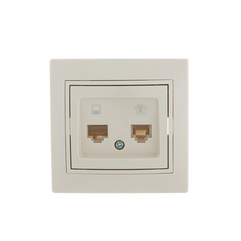 Розетка компьютерная + телеф. СП Мира RJ11 + RJ45 крем/крем. LEZARD 701-0303-143