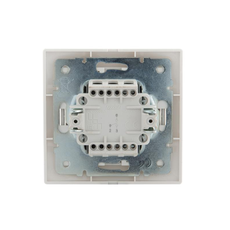 Выключатель проходной 1-кл. СП Мира 10А IP20 с бел.вставкой бел. LEZARD 701-0202-105