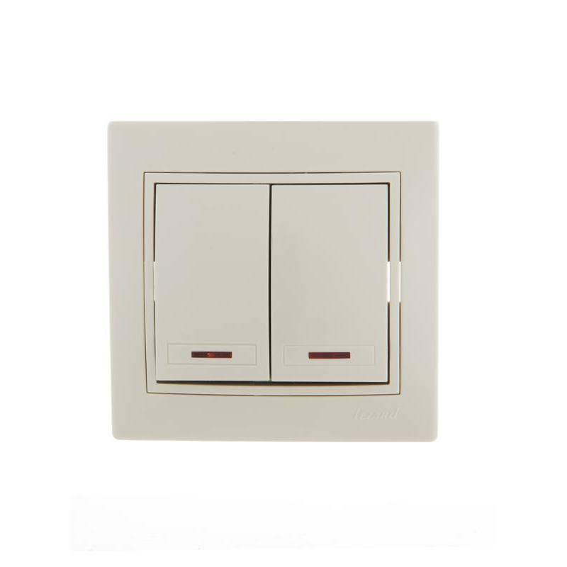 Выключатель 2-кл. СП Мира 10А IP20 с подсветкой со вставкой крем. LEZARD 701-0303-112