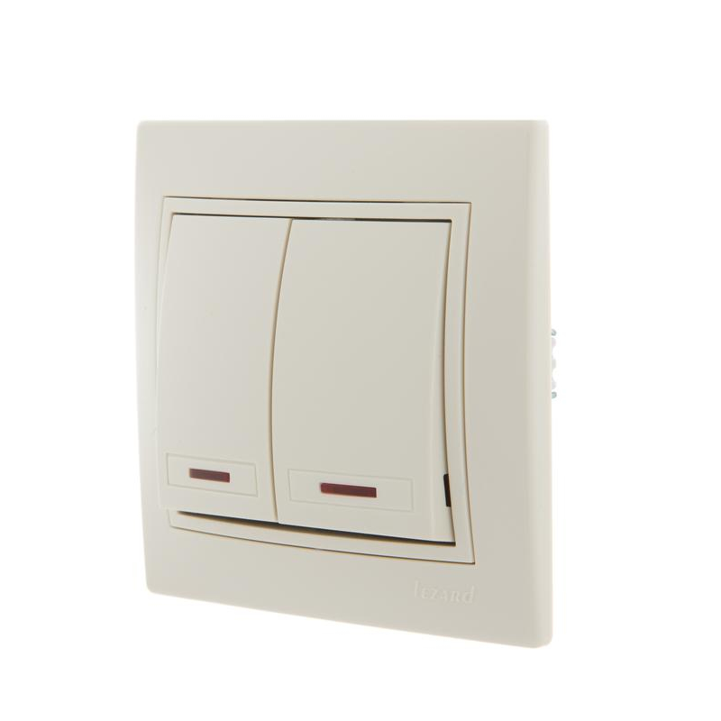 Выключатель 2-кл. СП Мира 10А IP20 с подсветкой со вставкой крем. LEZARD 701-0303-112