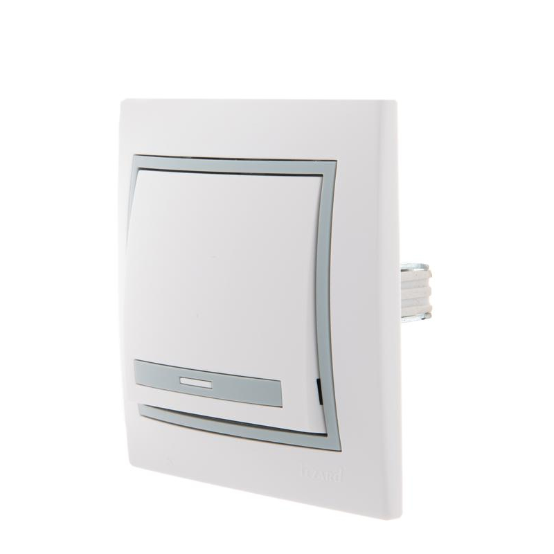 Выключатель 1-кл. СП Мира 10А IP20 с сер. вставкой бел. LEZARD 701-0215-100