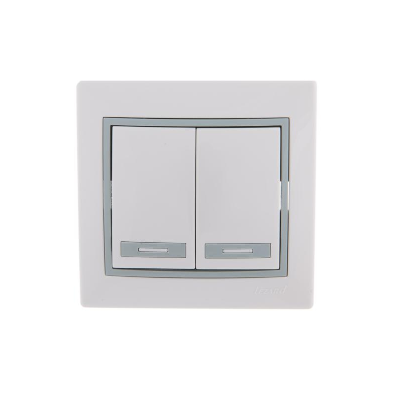 Выключатель 2-кл. СП Мира 10А IP20 с сер. вставкой бел. LEZARD 701-0215-101