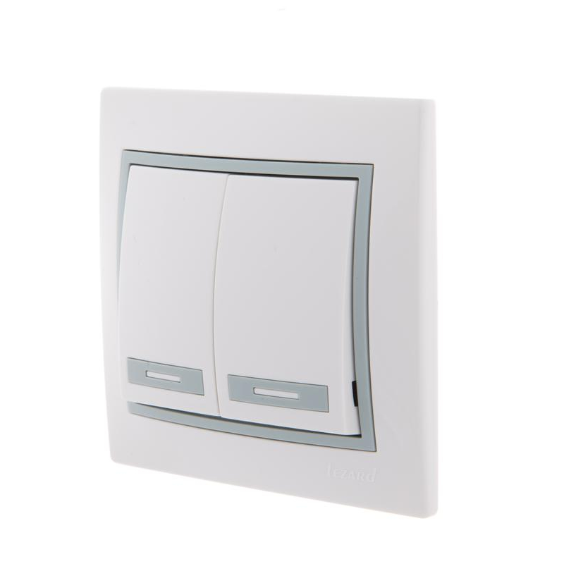 Выключатель 2-кл. СП Мира 10А IP20 с сер. вставкой бел. LEZARD 701-0215-101