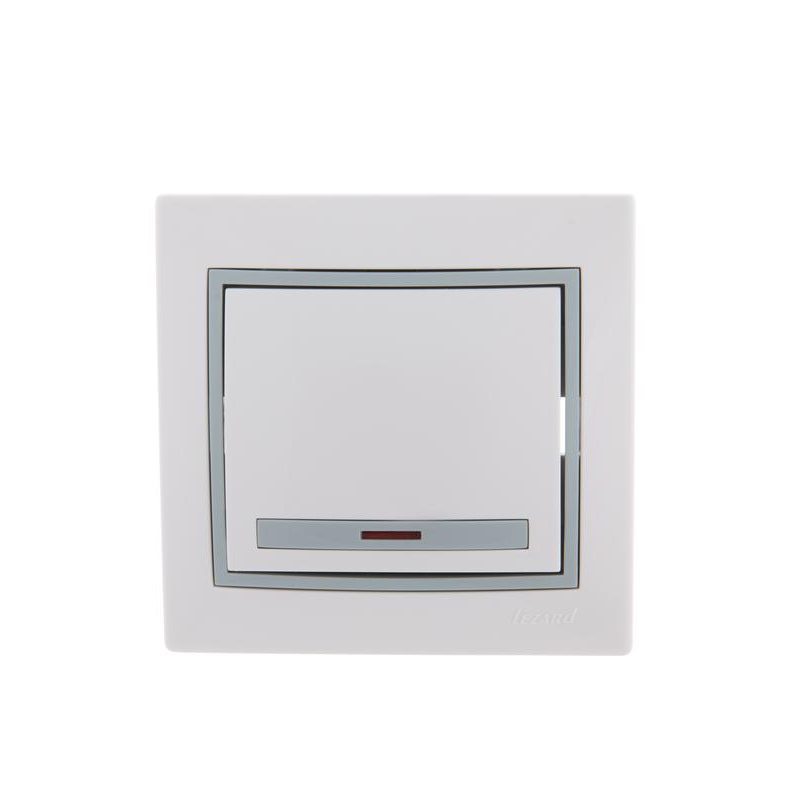 Выключатель 1-кл. СП Мира 10А IP20 с подсветкой с сер. вставкой бел. LEZARD 701-0215-111