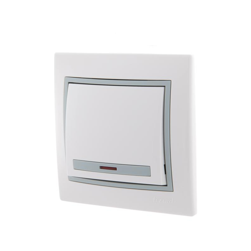 Выключатель 1-кл. СП Мира 10А IP20 с подсветкой с сер. вставкой бел. LEZARD 701-0215-111