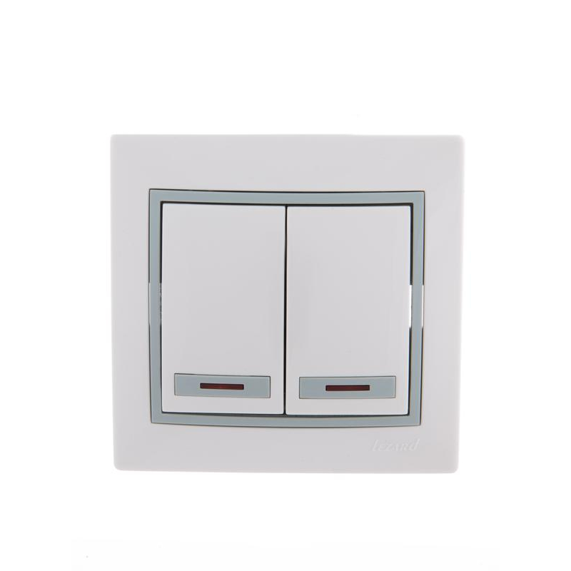 Выключатель 2-кл. СП Мира 10А IP20 с подсветкой с сер. вставкой бел. LEZARD 701-0215-112