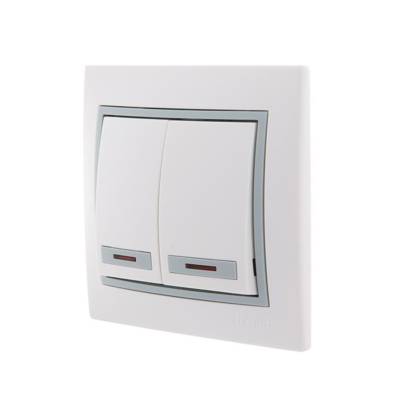 Выключатель 2-кл. СП Мира 10А IP20 с подсветкой с сер. вставкой бел. LEZARD 701-0215-112