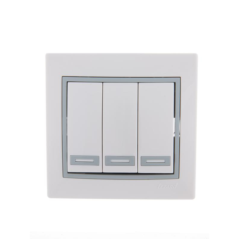 Выключатель 3-кл. СП Мира 10А IP20 с сер. вставкой бел. LEZARD 701-0215-109