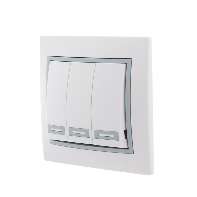 Выключатель 3-кл. СП Мира 10А IP20 с сер. вставкой бел. LEZARD 701-0215-109