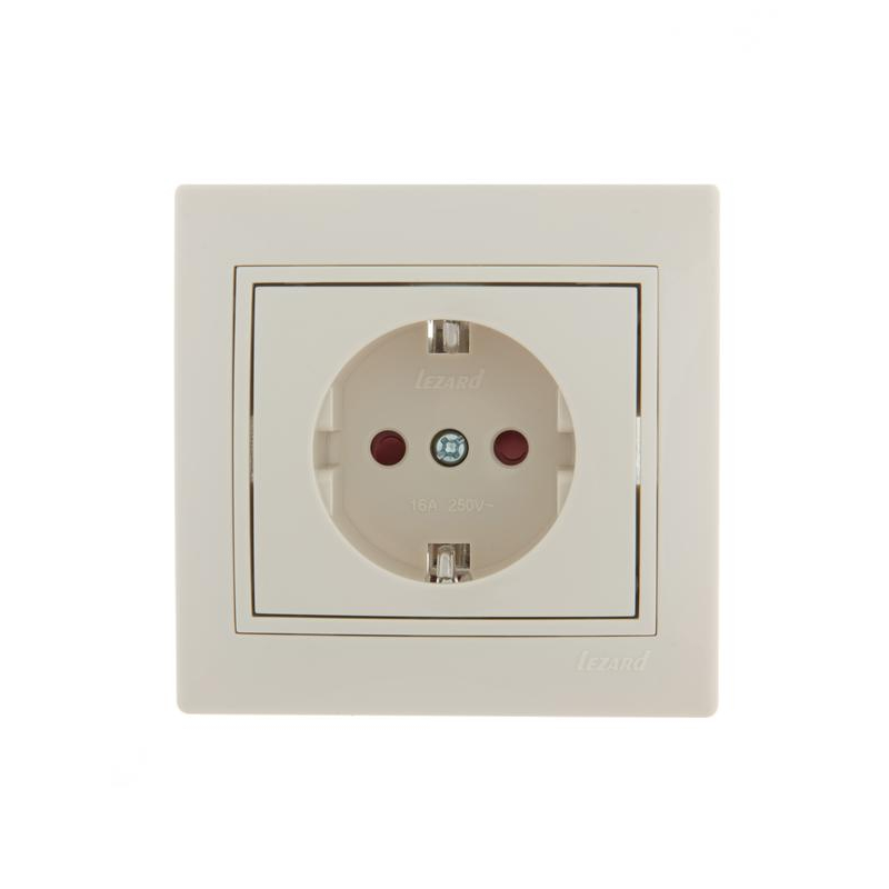 Розетка 1-м СП Мира 16А IP20 с заземл. защ. шторки со вставкой керамика крем. LEZARD 701-0303-124