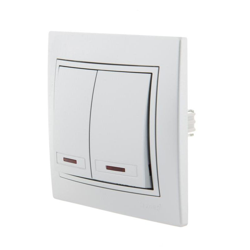 Выключатель 2-кл. СП Мира 10А IP20 с подсветкой со вставкой сер. метал. LEZARD 701-1010-112