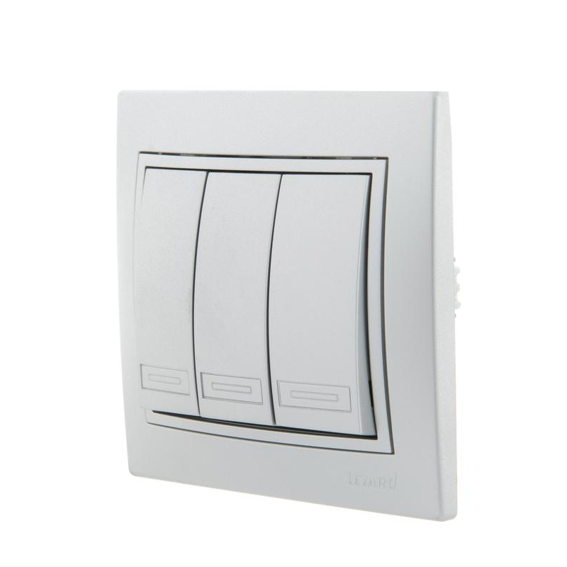 Выключатель 3-кл. СП Мира 10А IP20 со вставкой сер. метал. LEZARD 701-1010-109