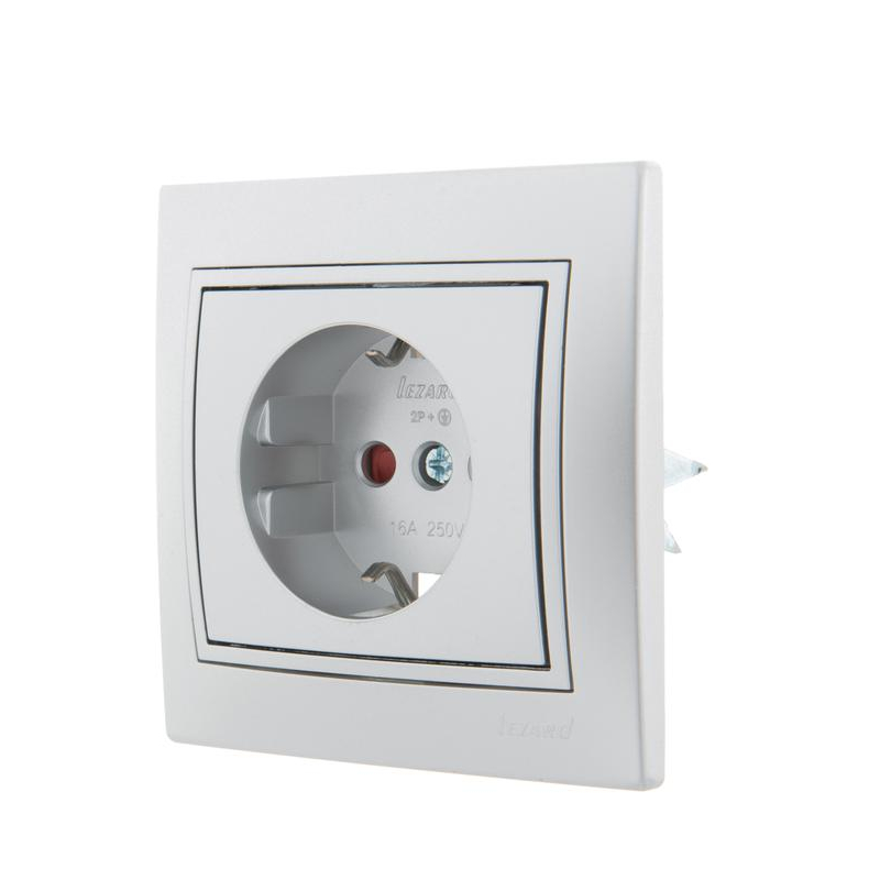 Розетка 1-м СП Мира 16А IP20 с заземл. защ. шторки со вставкой керамика сер. метал. LEZARD 701-1010-124
