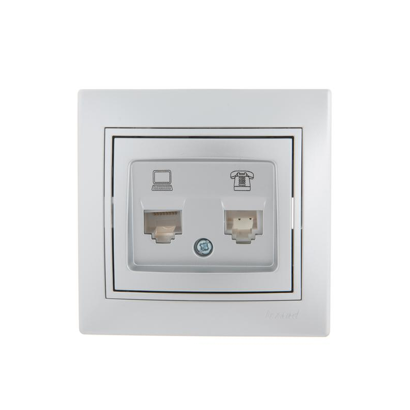 Розетка компьютерная + телеф. СП Мира RJ11 + RJ45 метал. сер. LEZARD 701-1010-143