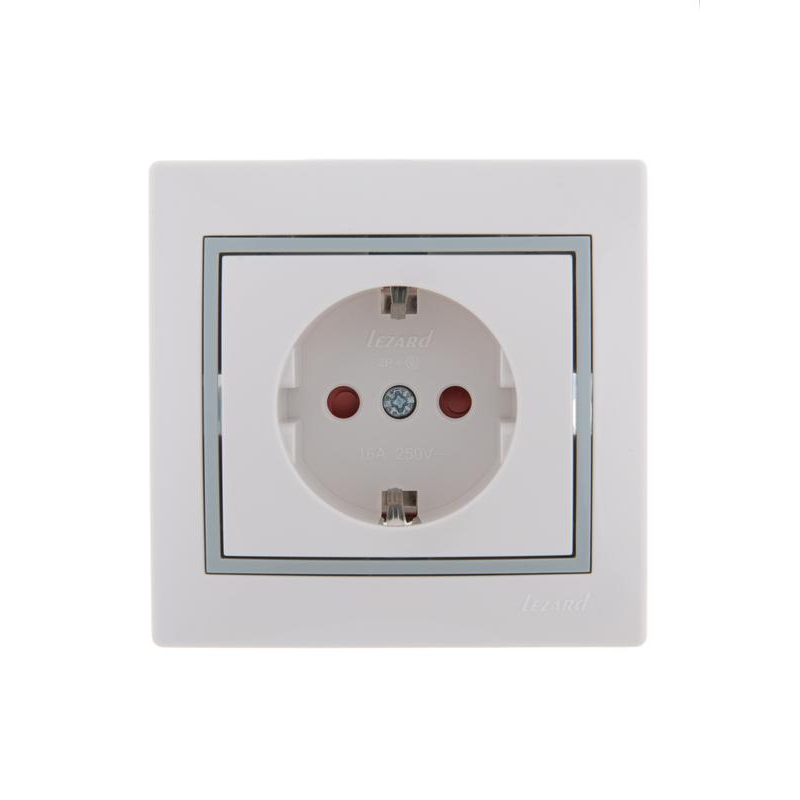Розетка 1-м СП Мира 16А IP20 с заземл. защ. шторки с сер. вставкой керамика бел. LEZARD 701-0215-124