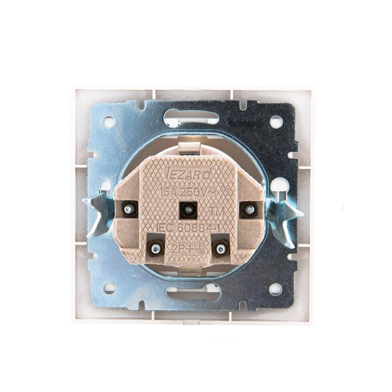 Розетка 1-м СП Мира 16А IP20 с заземл. защ. шторки с сер. вставкой керамика бел. LEZARD 701-0215-124