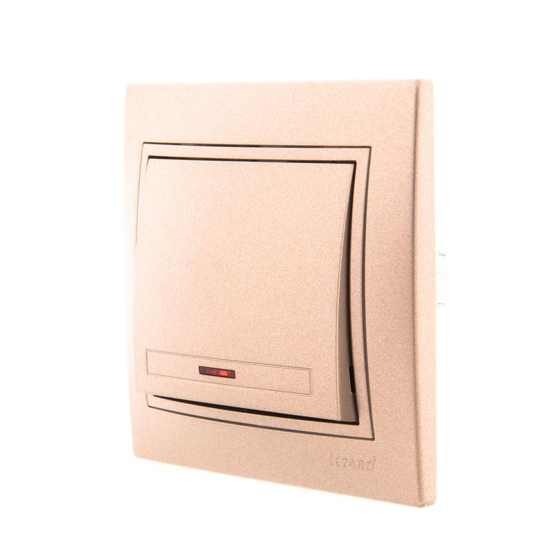 Выключатель 1-кл. СП Мира 10А IP20 с подсветкой со вставкой свет. корич. перламутр. LEZARD 701-3131-111