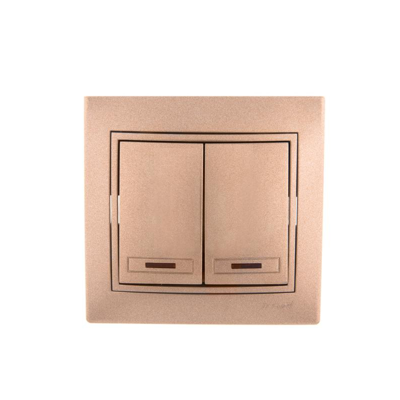 Выключатель 2-кл. СП Мира 10А IP20 с подсветкой со вставкой свет. корич. перламутр. LEZARD 701-3131-112