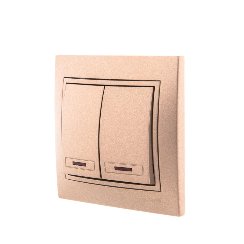 Выключатель 2-кл. СП Мира 10А IP20 с подсветкой со вставкой свет. корич. перламутр. LEZARD 701-3131-112