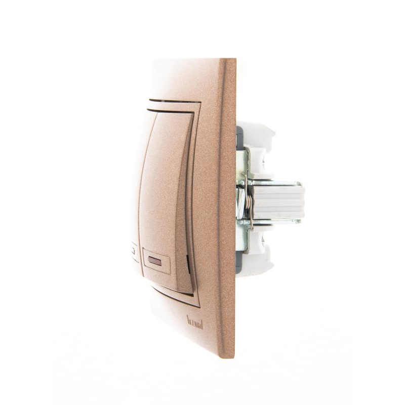 Выключатель 2-кл. СП Мира 10А IP20 с подсветкой со вставкой свет. корич. перламутр. LEZARD 701-3131-112