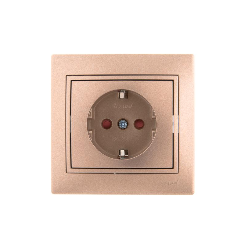 Розетка 1-м СП Мира 16А IP20 с заземл. защ. шторки со вставкой керамика свет. корич. перламутр. LEZARD 701-3131-124