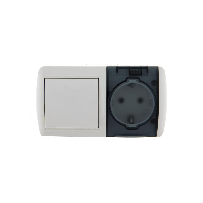 Блок ОП Ната IP20 горизонт. бел. (1-кл. выкл. + розетка евро с заземл. с крыш.) LEZARD 710-0200-170