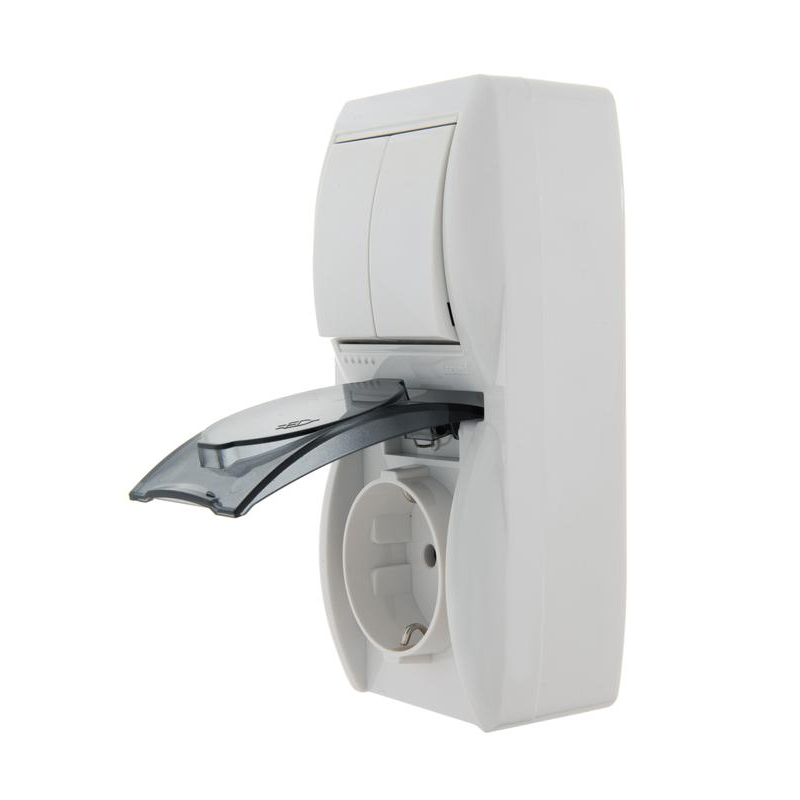 Блок ОП Ната IP20 верт. бел. (2-кл. выкл. + розетка евро с заземл. с крыш.) LEZARD 710-0200-173