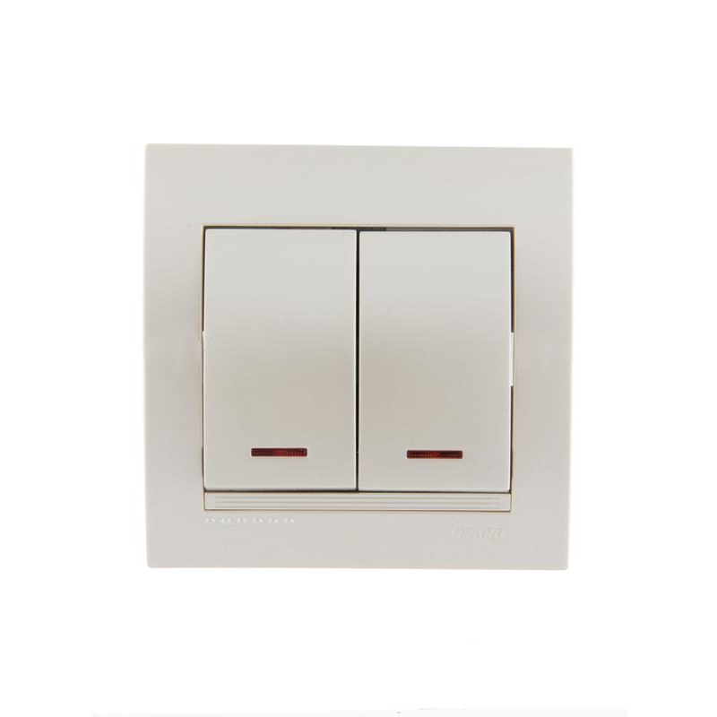 Выключатель 2-кл. СП Дери 10А с подсветкой жемчуж./бел. метал. LEZARD 702-3030-112