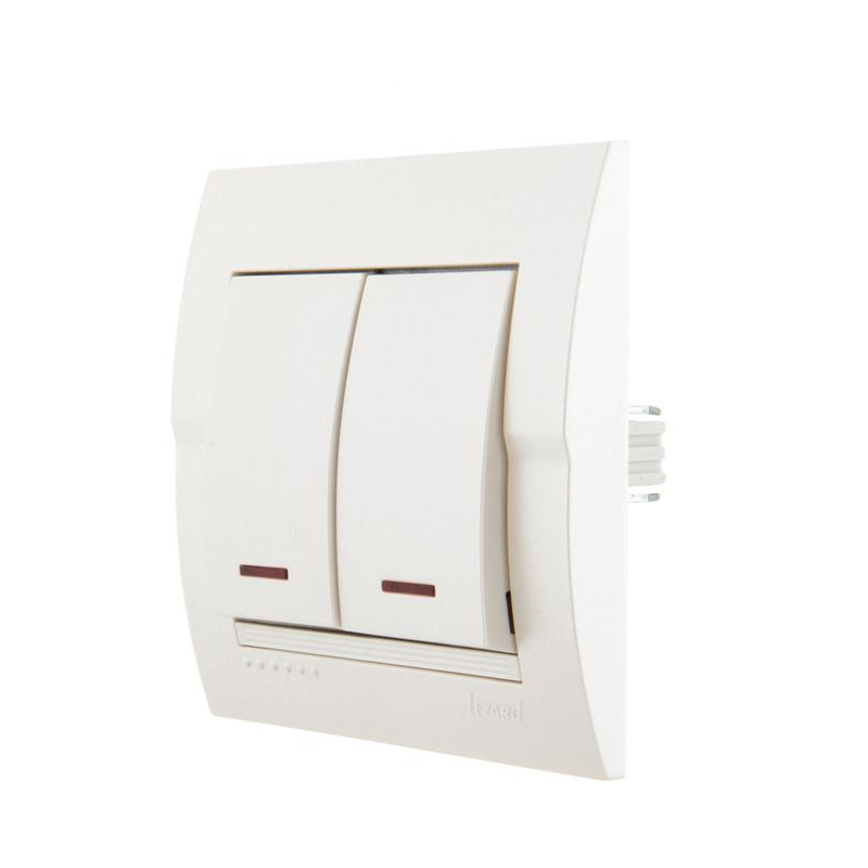 Выключатель 2-кл. СП Дери 10А с подсветкой жемчуж./бел. метал. LEZARD 702-3030-112