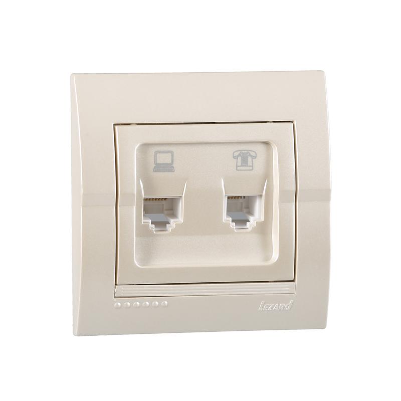 Розетка компьютерная RJ45 + телефонная RJ11 СП Дери 16А IP20 жемчуж./бел. метал. LEZARD 702-3030-143