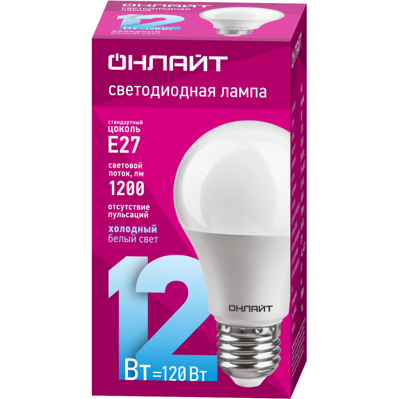 Лампа светодиодная 61 141 OLL-A60-12-230-6.5K-E27 грушевидная 12Вт ОНЛАЙТ 61141