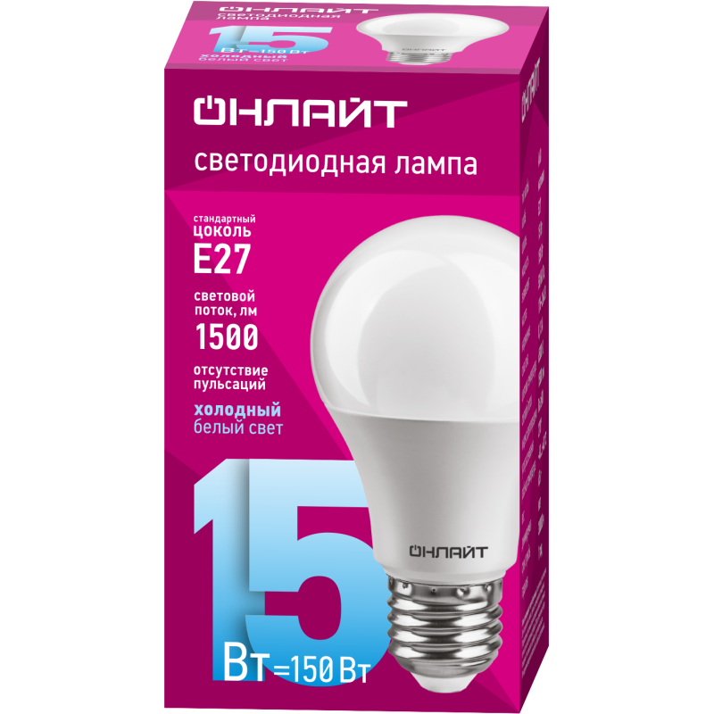 Лампа светодиодная 61 151 OLL-A60-15-230-6.5K-E27 грушевидная 15Вт ОНЛАЙТ 61151