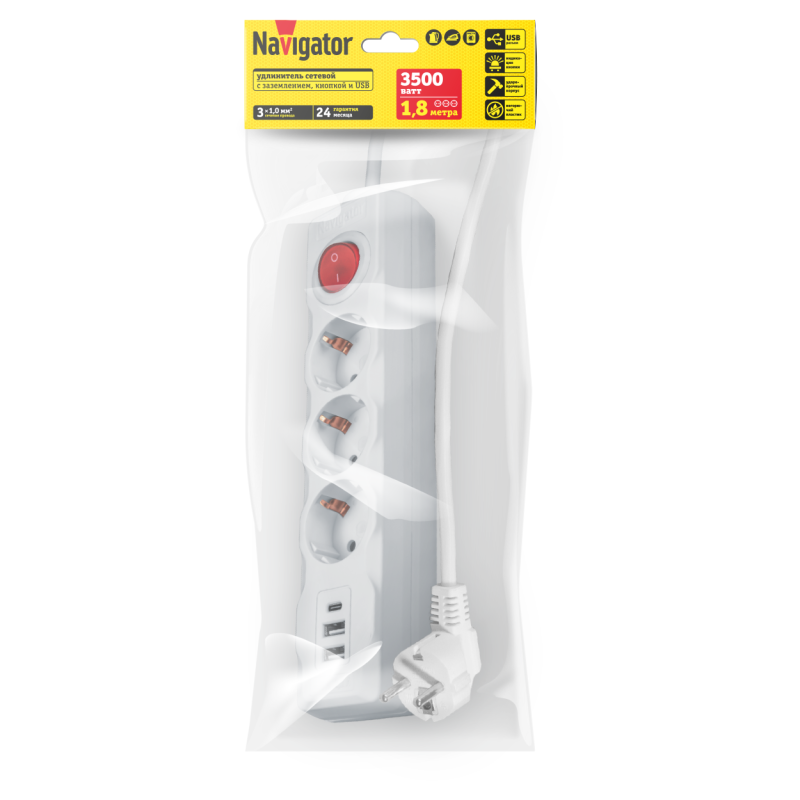 Удлинитель 61 455 NPE-USB01-03-180-ESC-3х1 1.8м USB2.1A Navigator 61455