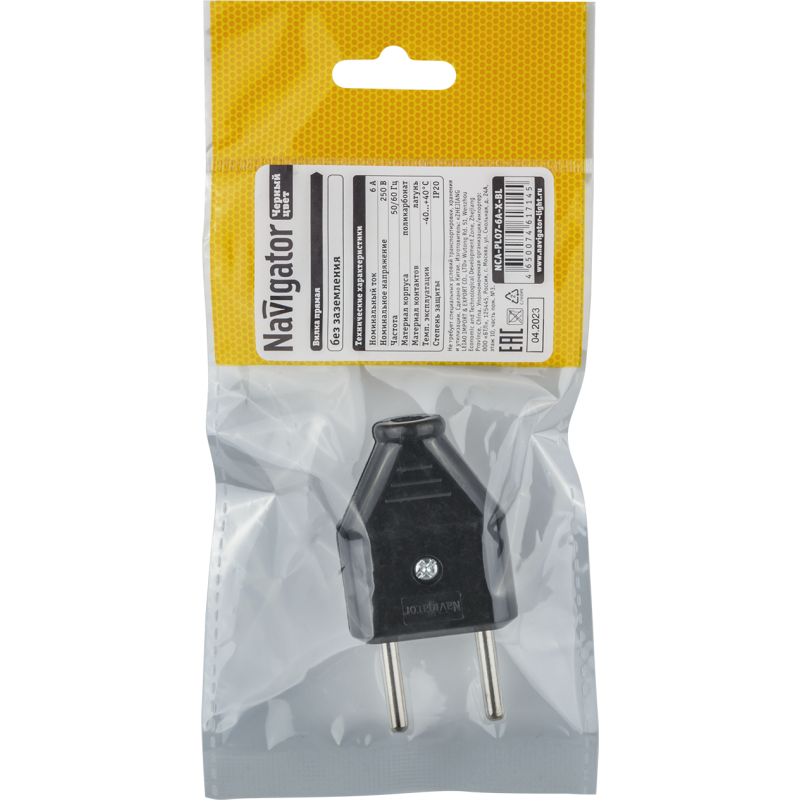 Вилка 61 714 NCA-PL07-6A-X-BL прямая без заземл. черн. Navigator 61714
