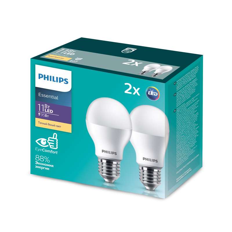 Лампа светодиодная ESS LEDBulb 11Вт E27 3000К 230В 2CT/6 RCA (уп.2шт) PHILIPS 929001900227