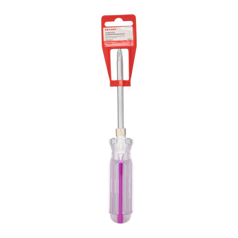 Отвертка комбинированная прозрачная рукоятка двухсторонний стержень 120мм (крестовая PH2 шлицевая SL 6мм) Rexant 12-4742