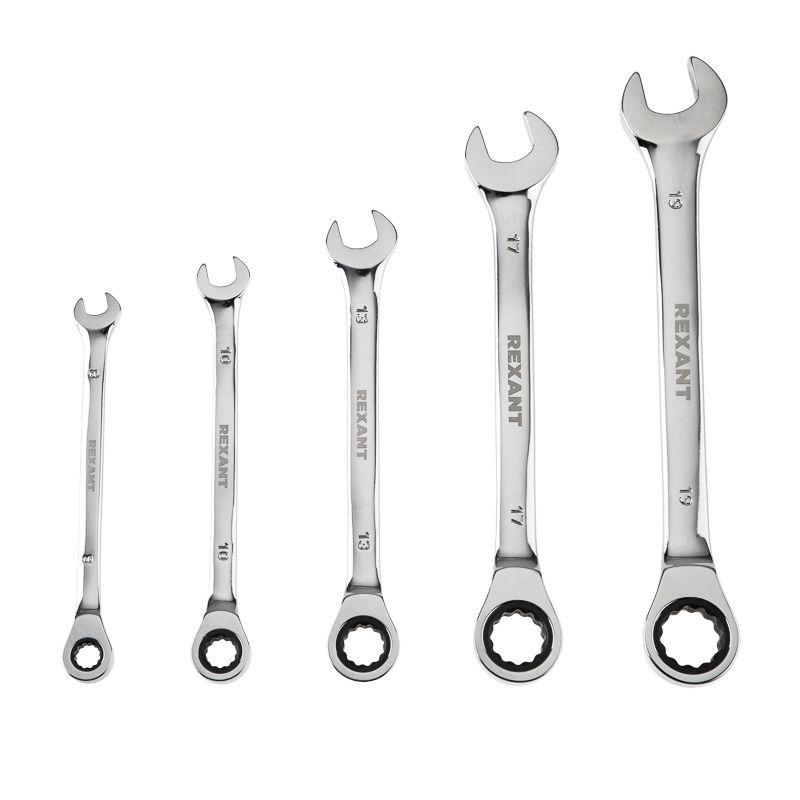 Набор ключей комбинированных трещоточных 8 10 13 17 19мм 5 предметов CrV зерк. хромирование Rexant 12-5841-1