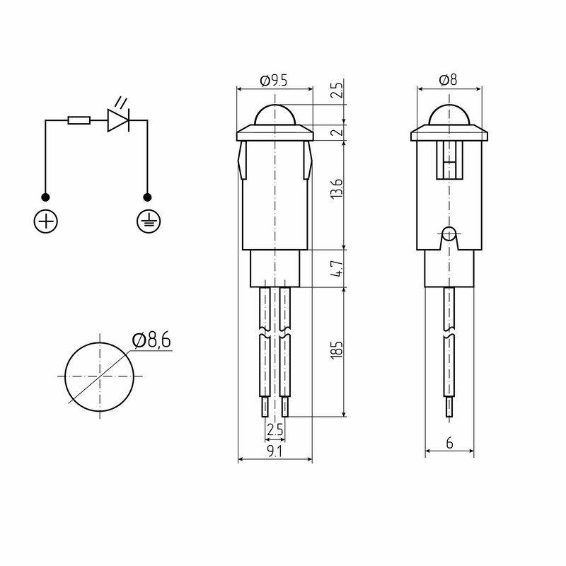 Индикатор малый d8 12В с проводом зел. LED (WL-04) Rexant 36-4712