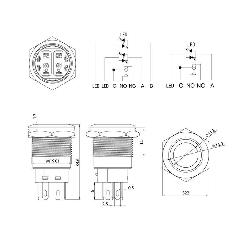 Кнопка антивандальная d19 250В Фикс (5с) ON-OFF/OFF-ON подсв/зел. Rexant 36-3443