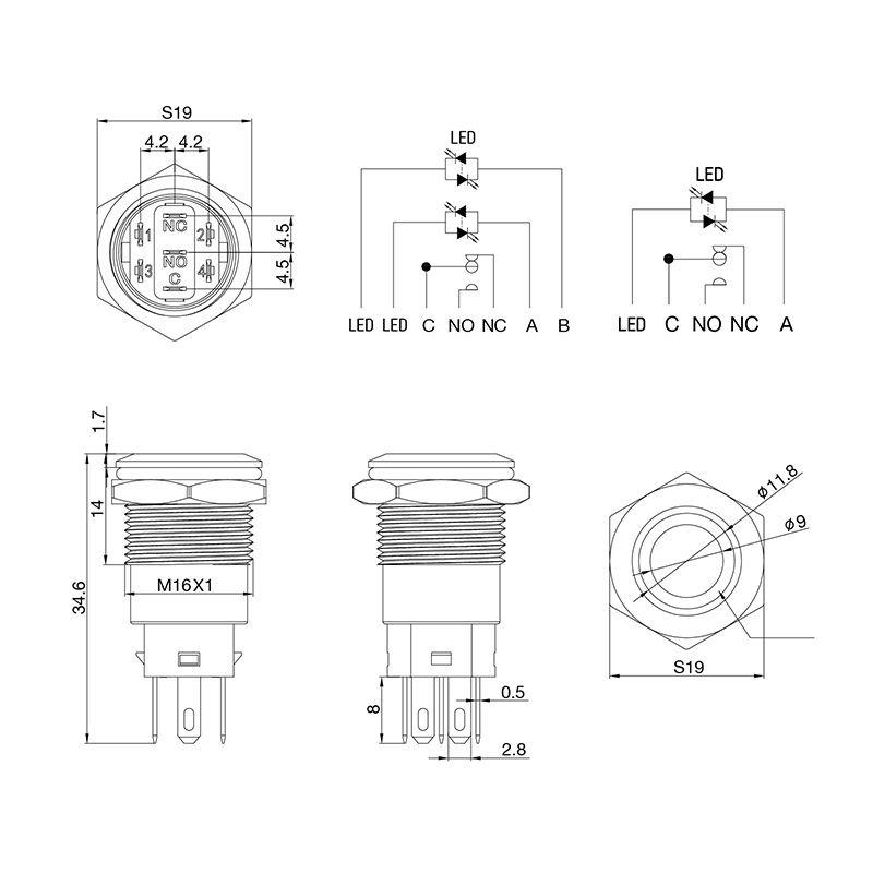 Кнопка антивандальная d16 250В без фикс. (5с) (ON)-OFF плоская подсветка красн. power Rexant 36-3243