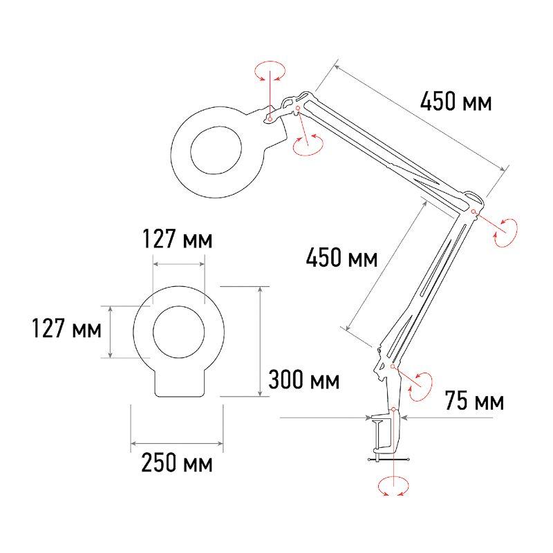 Лупа на струбцине круглая 5D с подсветкой 60LED регулировка яркости бел. Rexant 31-0532